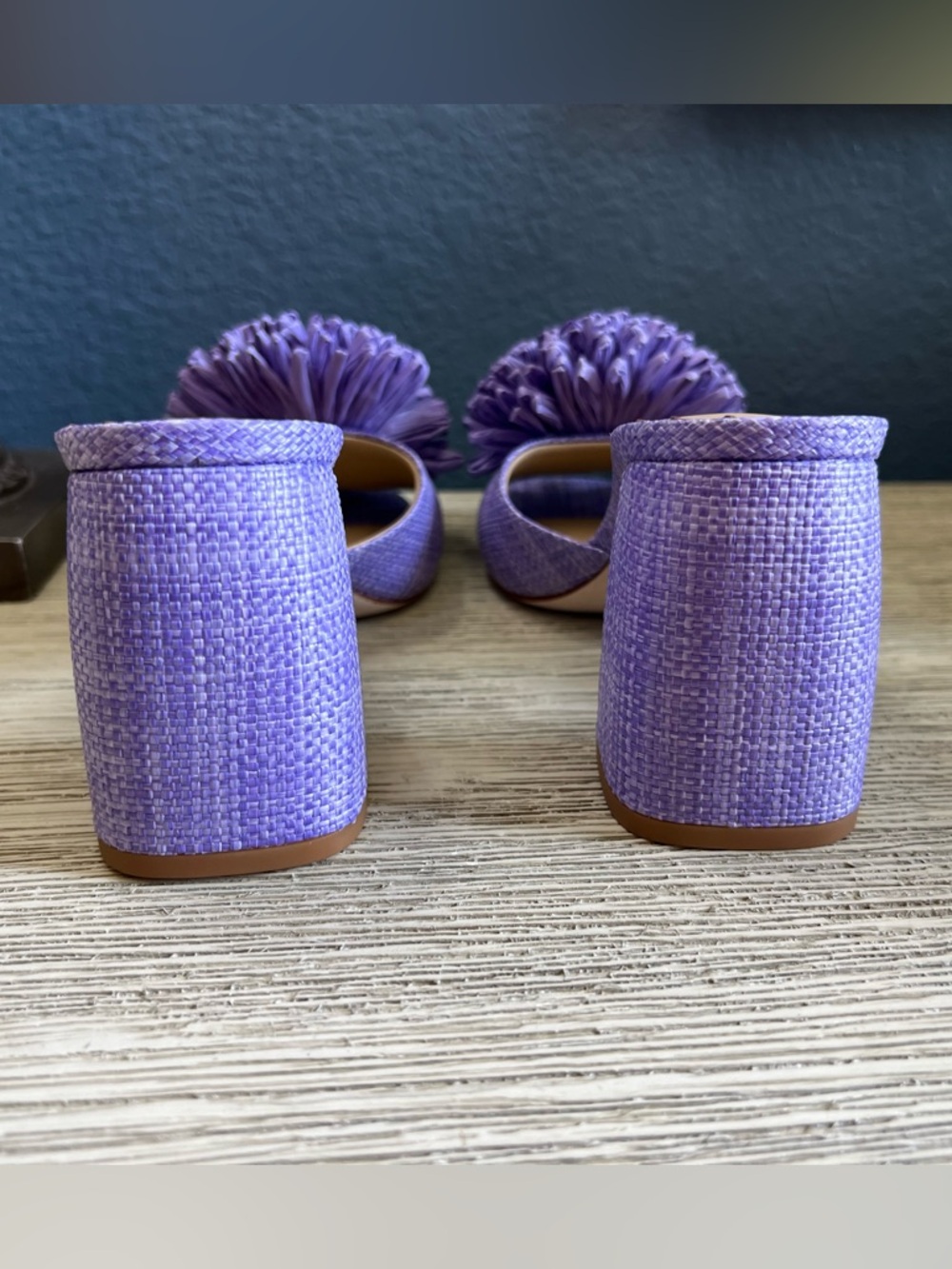 NEW!!! Never Worn ANTONIO MELANI Glora Raffia Lilac Pom-Pom Block Heels - Picture 4 of 8